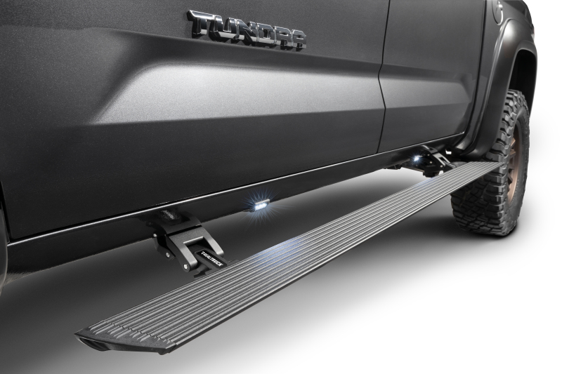 Toyota Tundra Electric Running Boards - Go Rhino - VoltStep, 6 in Wide, Dual-Motor, Automatic Deploy/Retract, Integrated LED Lighting, No-Drill Install - Textured Black - `22-`24